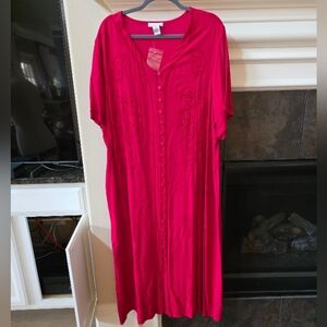 Nwot PHASES Red Button Front Dress Embroidered Tie Back 100% Rayon Maxi Dress 2x